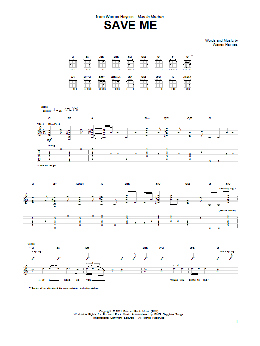 Download Warren Haynes Save Me Sheet Music and learn how to play Guitar Tab PDF digital score in minutes