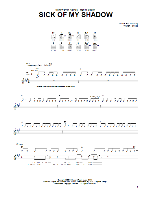 Download Warren Haynes Sick Of My Shadow Sheet Music and learn how to play Guitar Tab PDF digital score in minutes