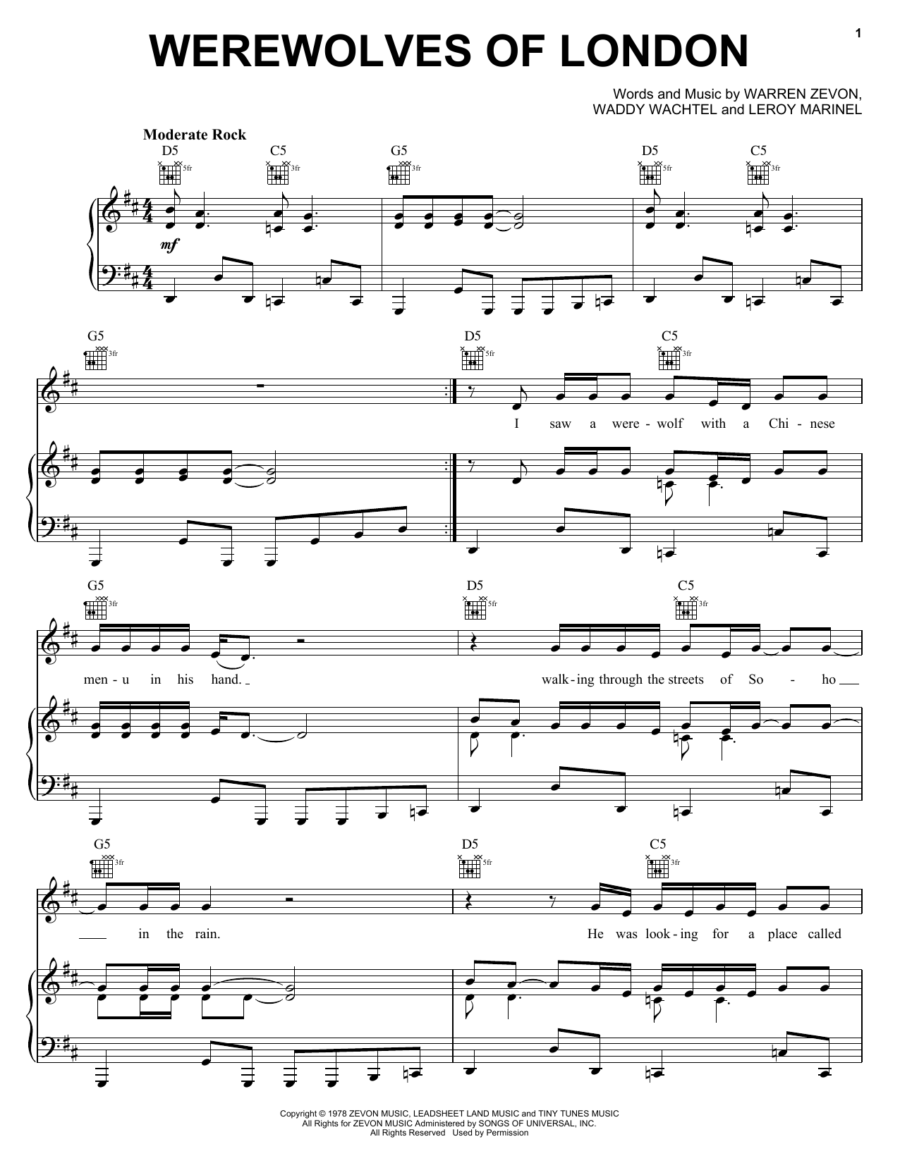 Download Warren Zevon Werewolves Of London Sheet Music and learn how to play Piano, Vocal & Guitar PDF digital score in minutes