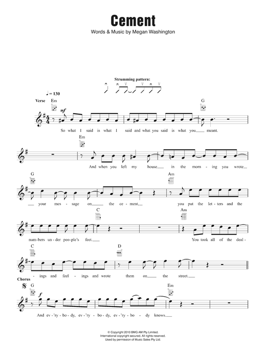 Download Megan Washington Cement Sheet Music and learn how to play Ukulele PDF digital score in minutes