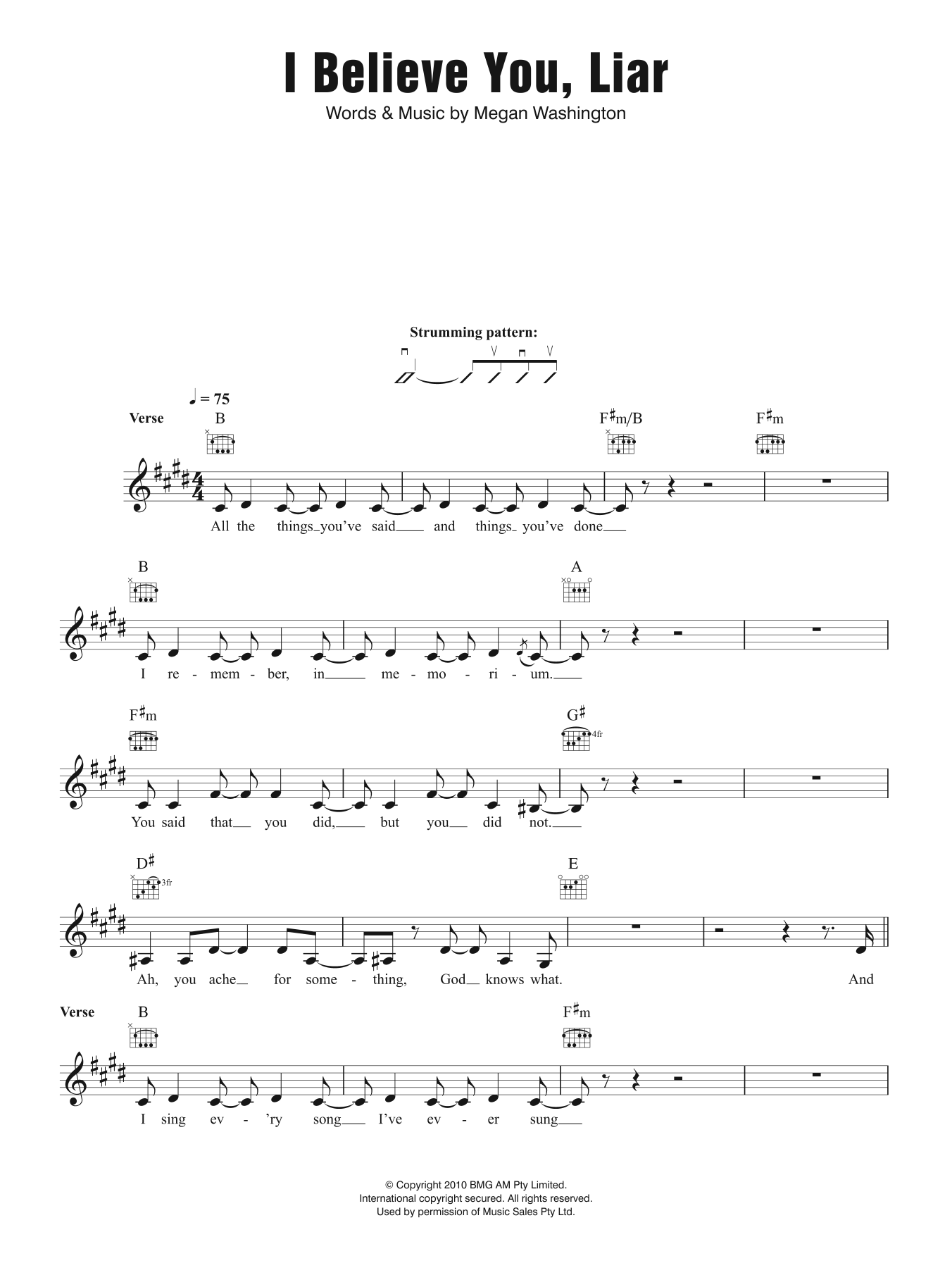 Download Washington I Believe You Liar Sheet Music and learn how to play Piano, Vocal & Guitar (Right-Hand Melody) PDF digital score in minutes