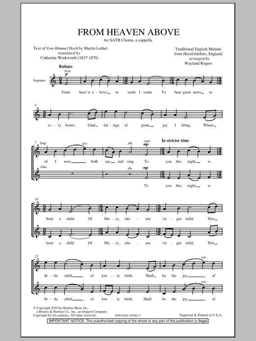 Download Wayland Rogers From Heaven Above Sheet Music and learn how to play SATB PDF digital score in minutes