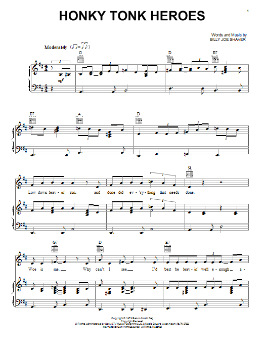 Download Waylon Jennings Honky Tonk Heroes Sheet Music and learn how to play Piano, Vocal & Guitar (Right-Hand Melody) PDF digital score in minutes
