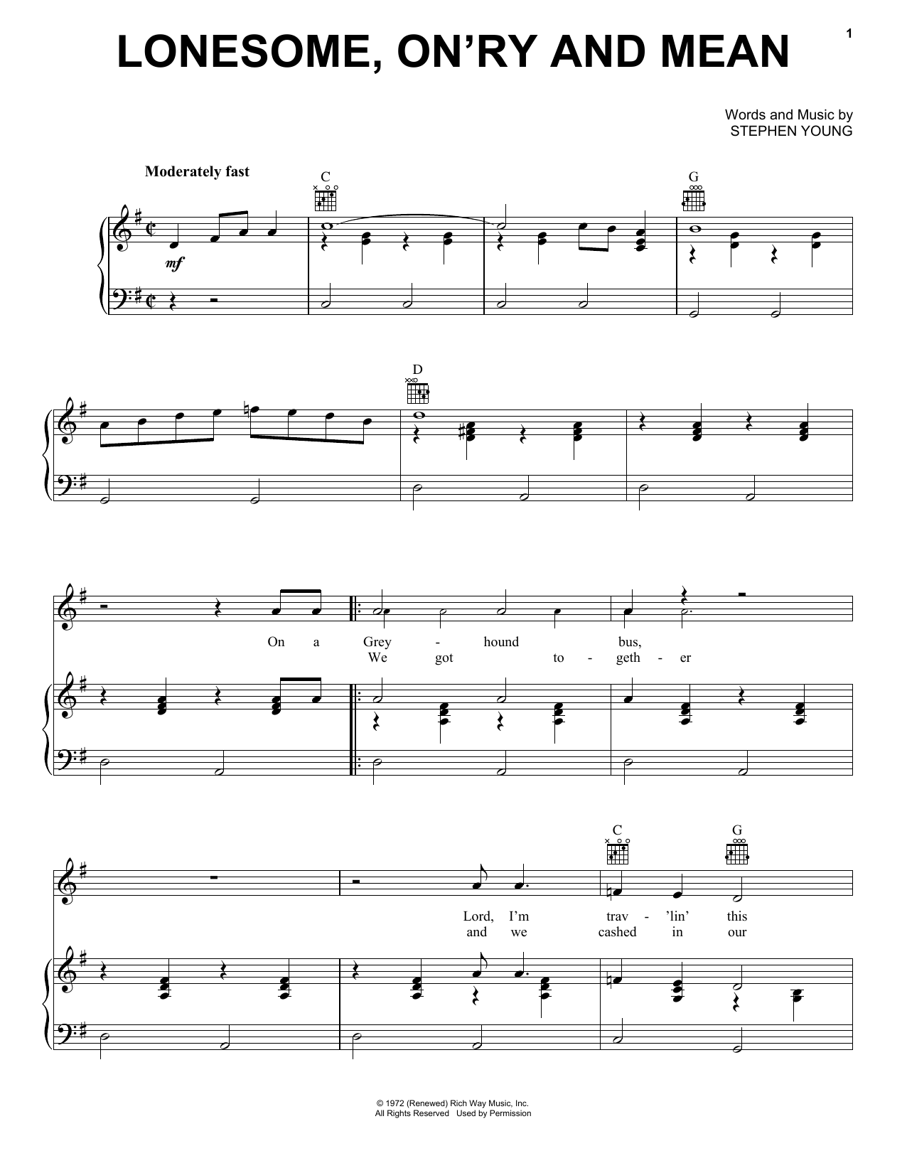 Download Waylon Jennings Lonesome, On'ry And Mean Sheet Music and learn how to play Piano, Vocal & Guitar (Right-Hand Melody) PDF digital score in minutes