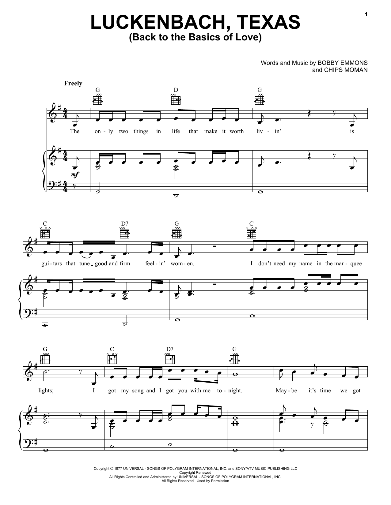 Download Waylon Jennings Luckenbach, Texas (Back To The Basics Of Love) Sheet Music and learn how to play Melody Line, Lyrics & Chords PDF digital score in minutes