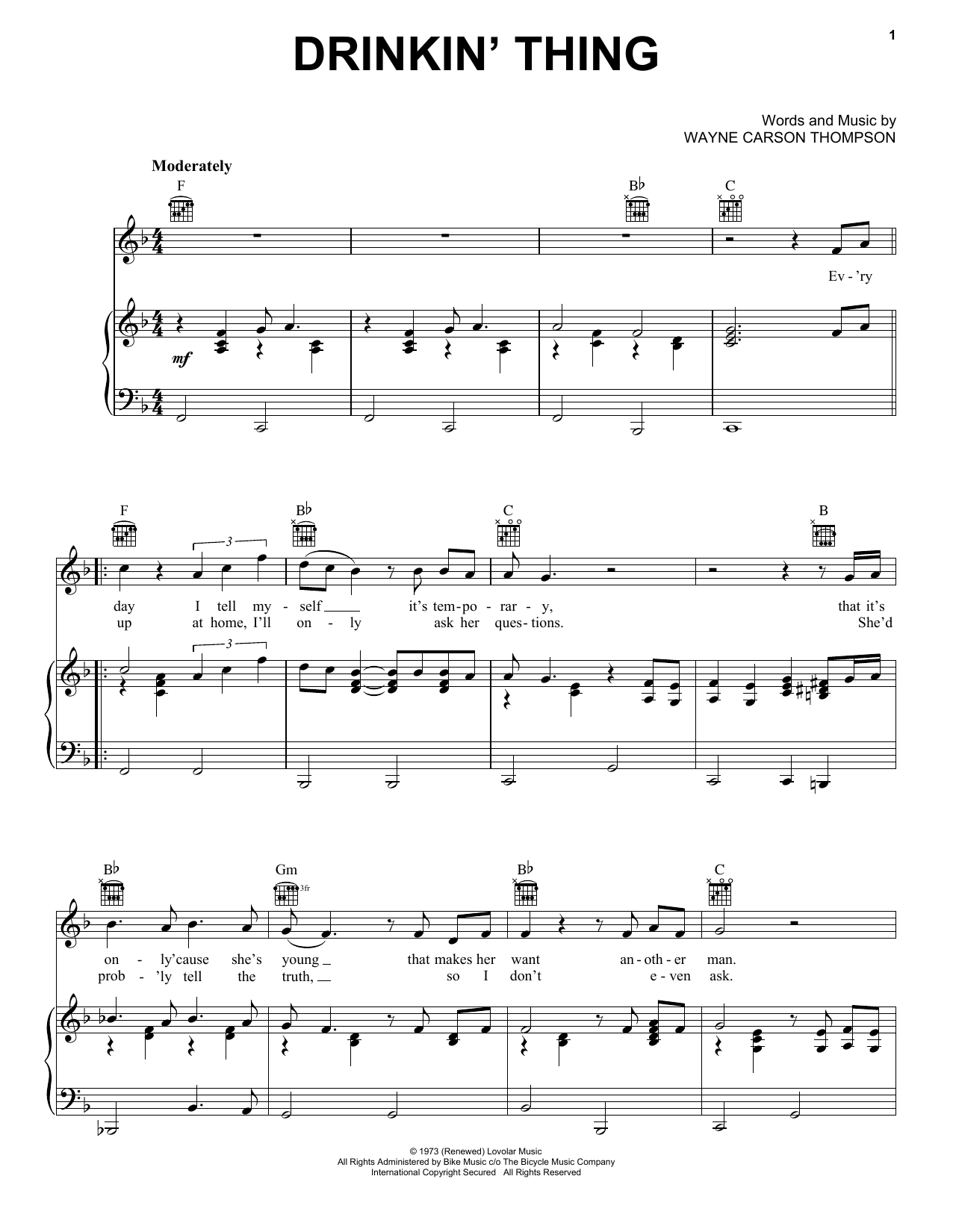 Download Wayne Carson Thompson Drinkin' Thing Sheet Music and learn how to play Piano, Vocal & Guitar (Right-Hand Melody) PDF digital score in minutes