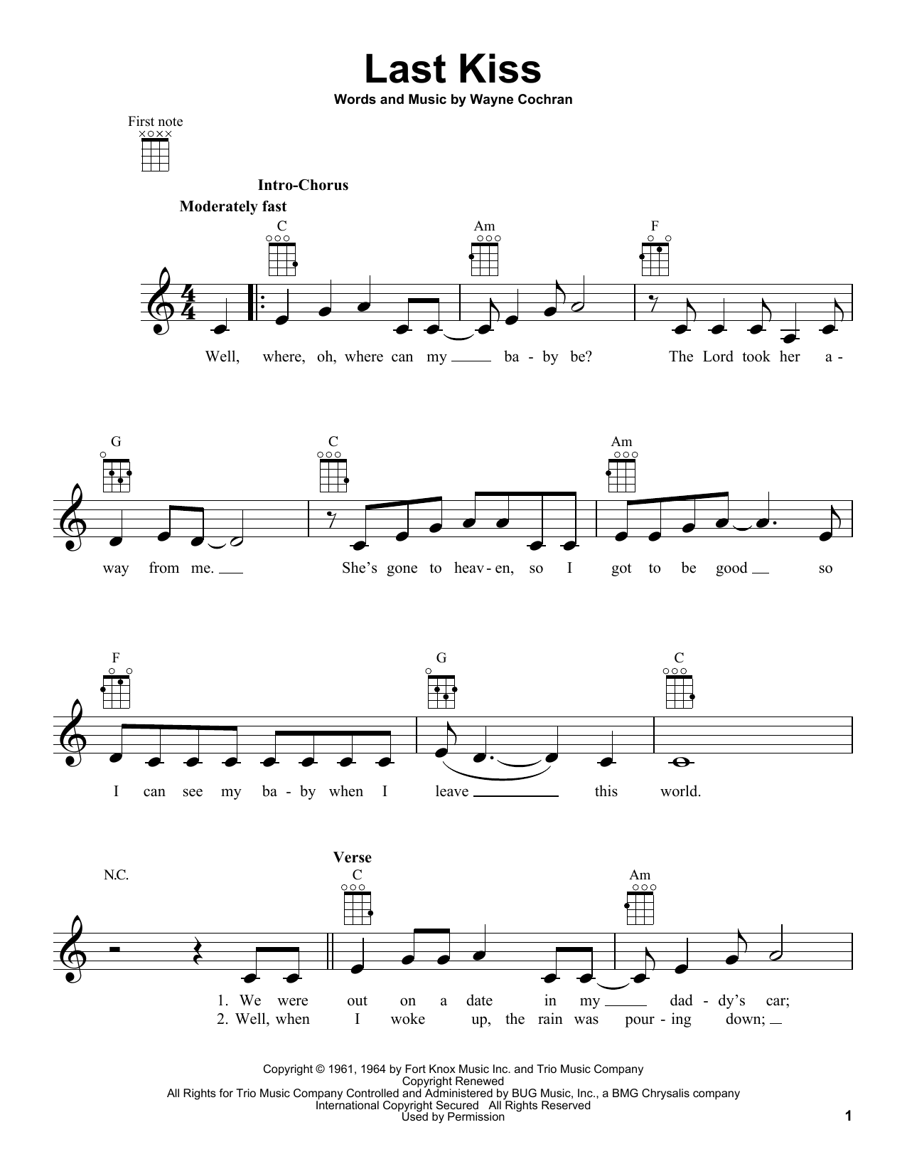 Download Wayne Cochran Last Kiss Sheet Music and learn how to play Real Book – Melody, Lyrics & Chords PDF digital score in minutes