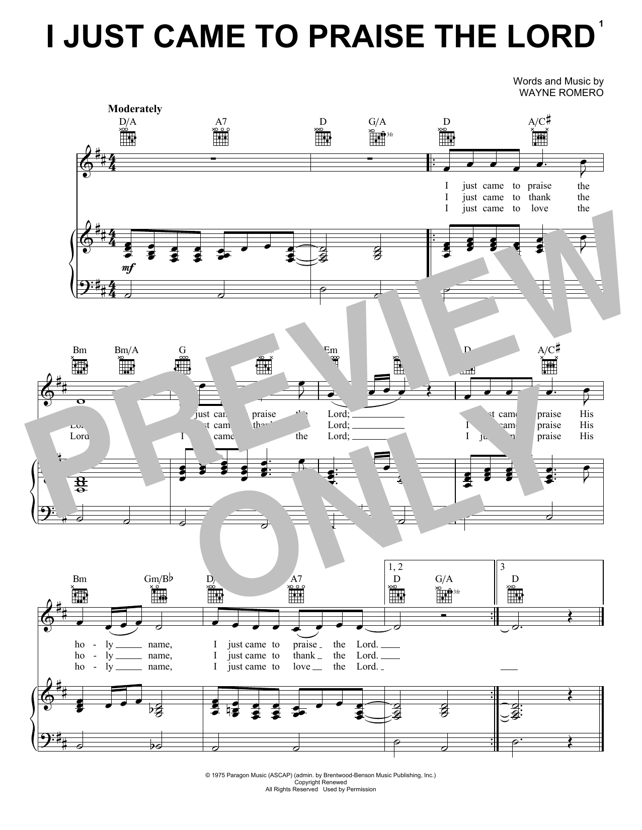 Download Wayne Romero I Just Came To Praise The Lord Sheet Music and learn how to play Piano, Vocal & Guitar Chords (Right-Hand Melody) PDF digital score in minutes