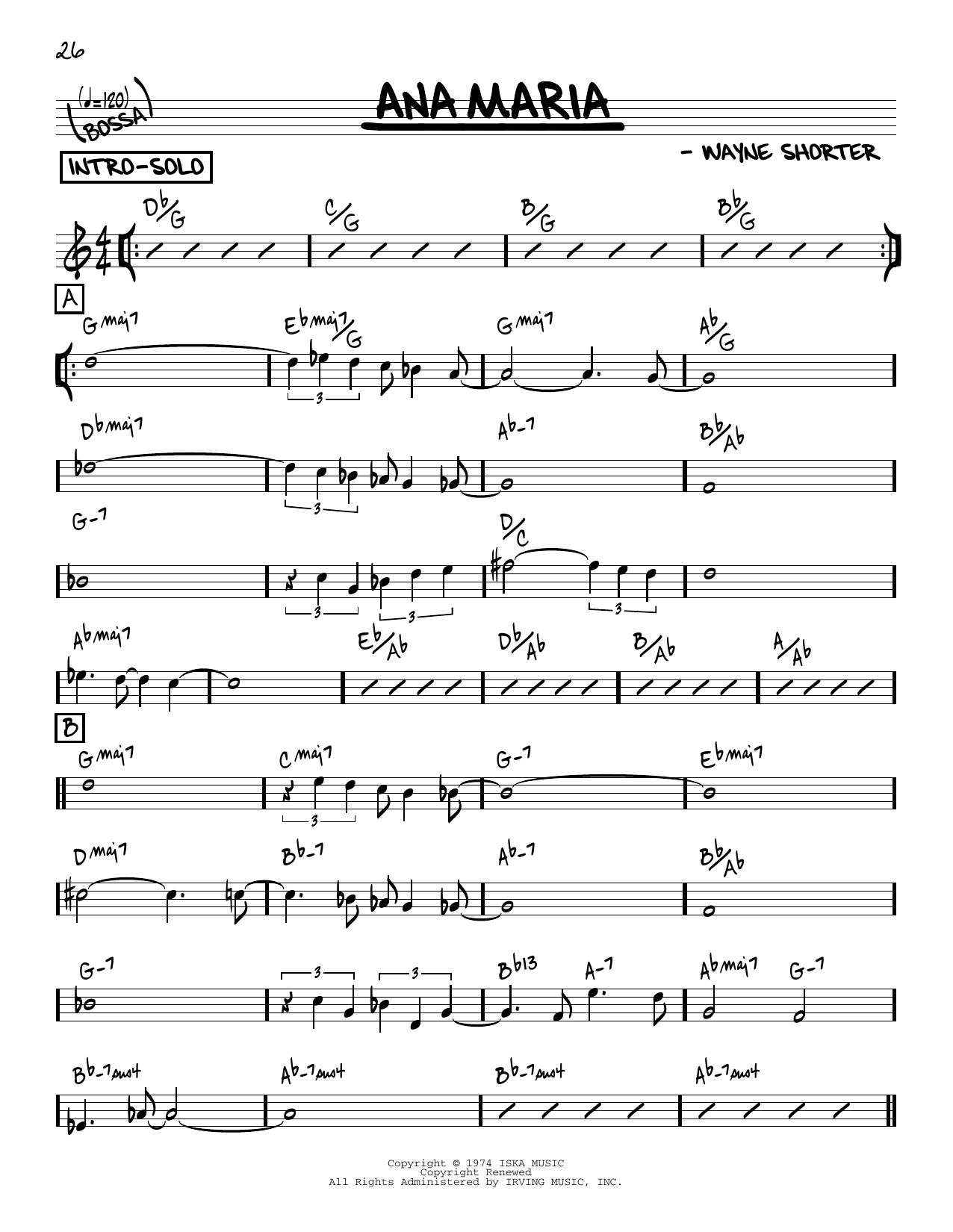 Download Wayne Shorter Ana Maria [Reharmonized version] (arr. Jack Grassel) Sheet Music and learn how to play Real Book – Melody & Chords PDF digital score in minutes