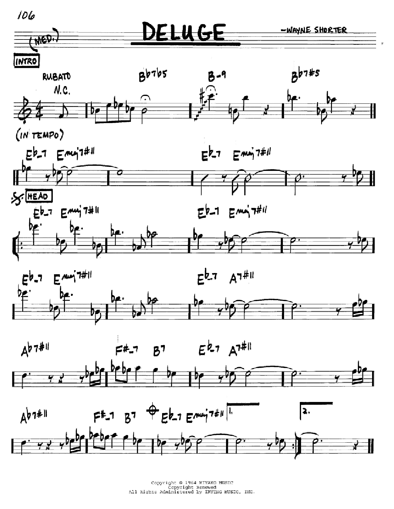 Download Wayne Shorter Deluge Sheet Music and learn how to play Real Book - Melody & Chords - Eb Instruments PDF digital score in minutes