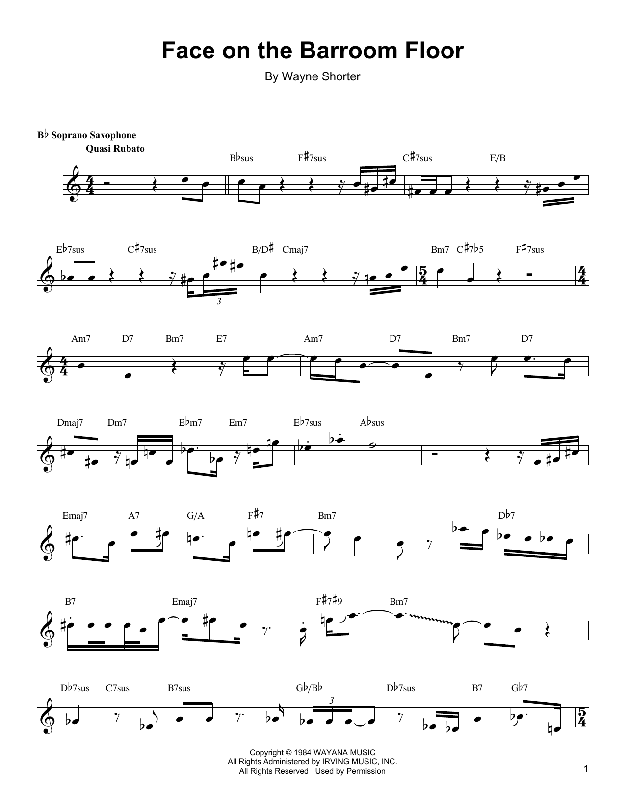 Download Wayne Shorter Face On The Barroom Floor Sheet Music and learn how to play SSXTRN PDF digital score in minutes