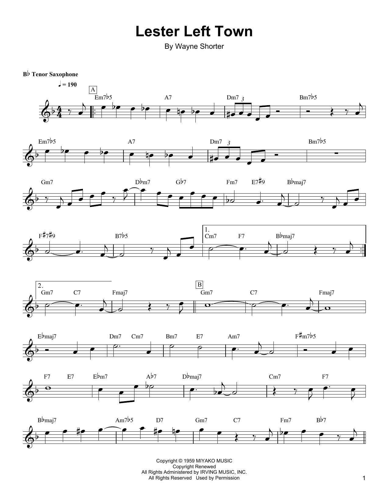 Download Wayne Shorter Lester Left Town Sheet Music and learn how to play TSXTRN PDF digital score in minutes