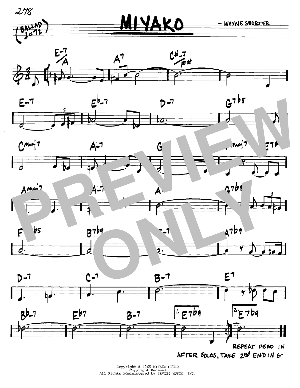 Download Wayne Shorter Miyako Sheet Music and learn how to play Real Book - Melody & Chords - Bb Instruments PDF digital score in minutes