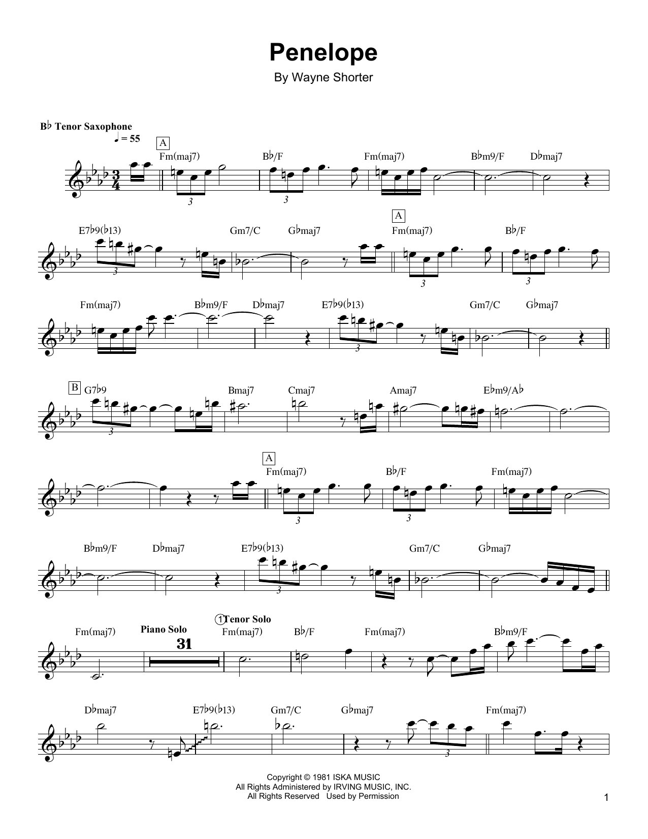 Download Wayne Shorter Penelope Sheet Music and learn how to play TSXTRN PDF digital score in minutes