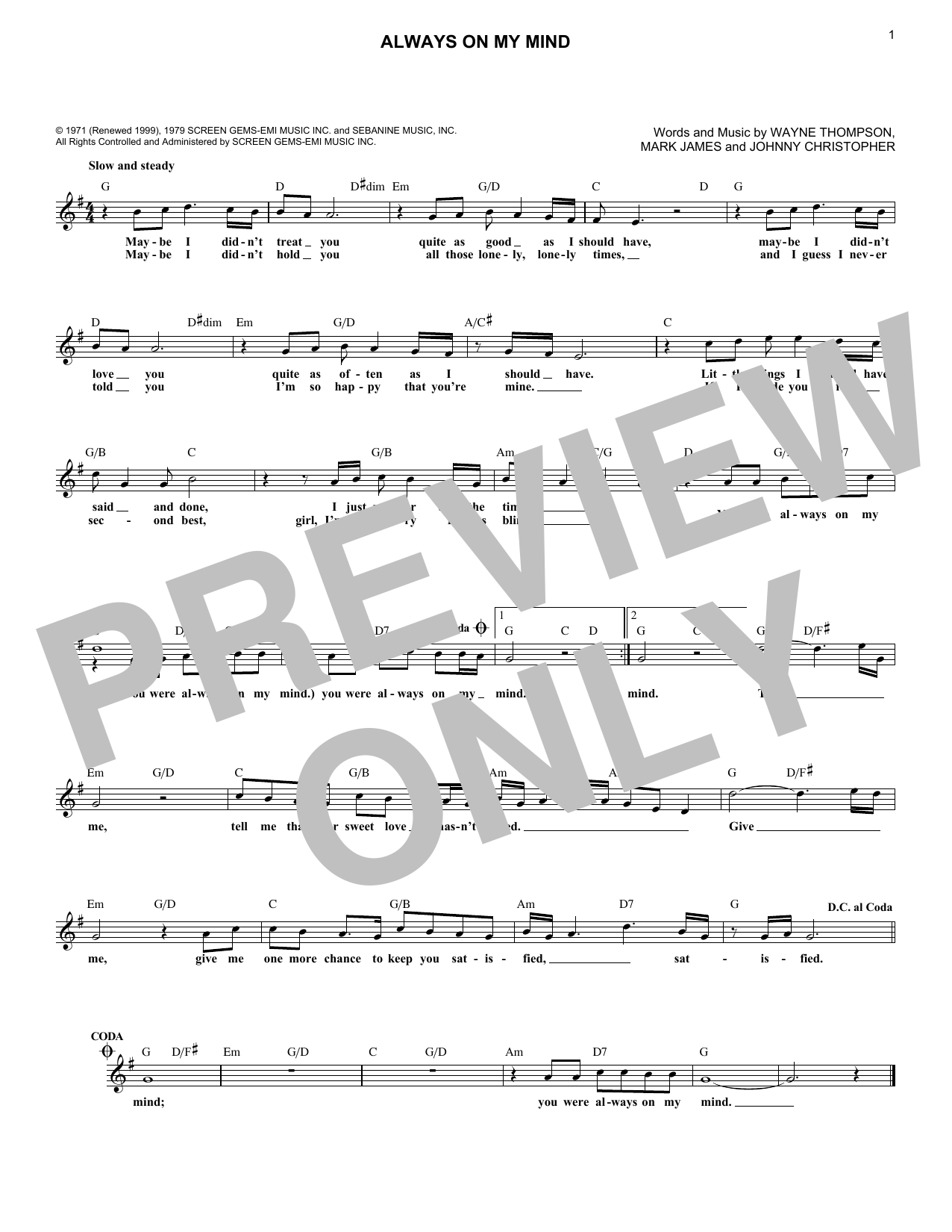 Download Wayne Thompson Always On My Mind Sheet Music and learn how to play Melody Line, Lyrics & Chords PDF digital score in minutes