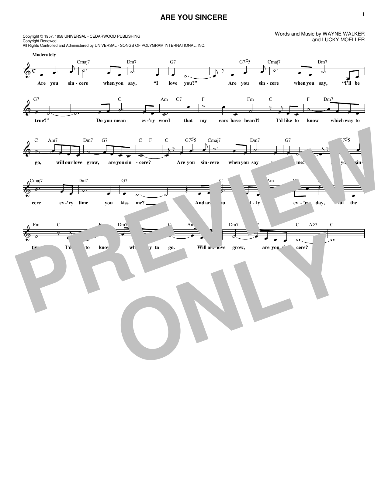Download Wayne Walker Are You Sincere Sheet Music and learn how to play Melody Line, Lyrics & Chords PDF digital score in minutes