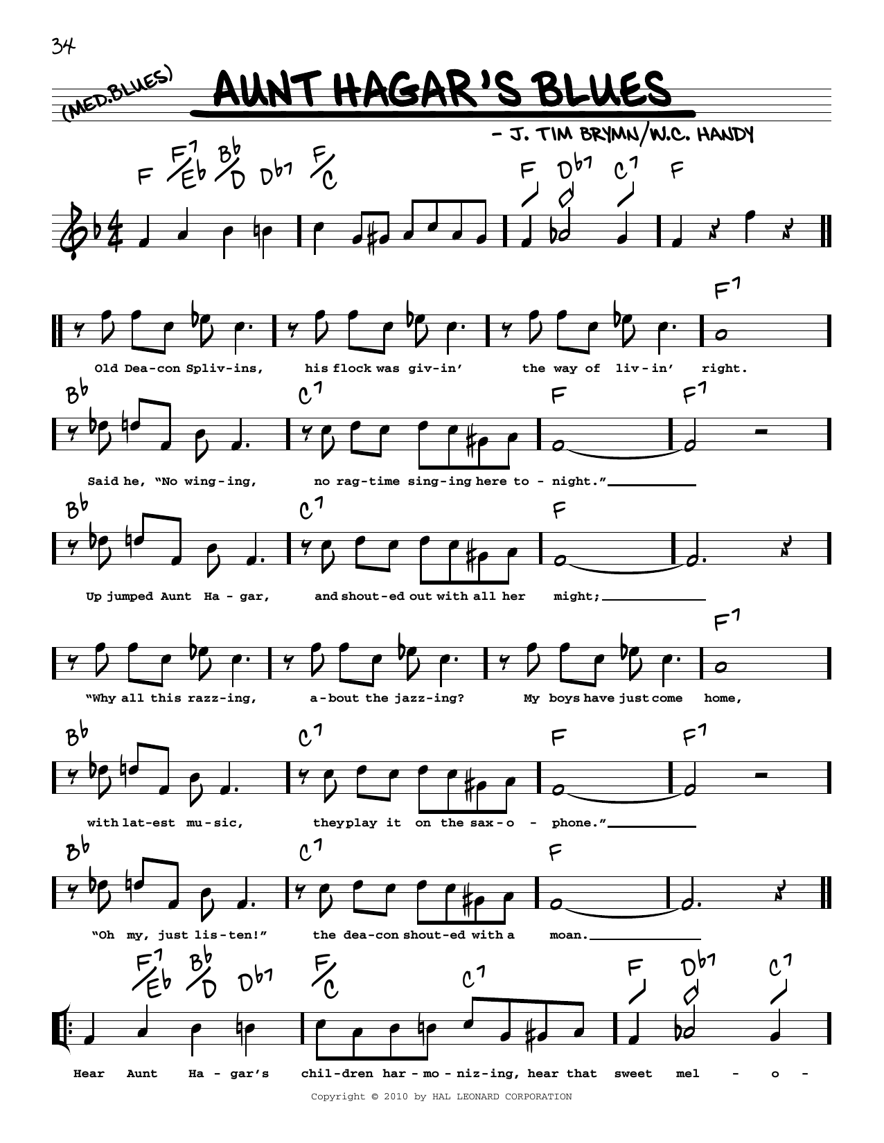 Download W.C. Handy Aunt Hagar's Blues (arr. Robert Rawlins) Sheet Music and learn how to play Real Book – Melody, Lyrics & Chords PDF digital score in minutes