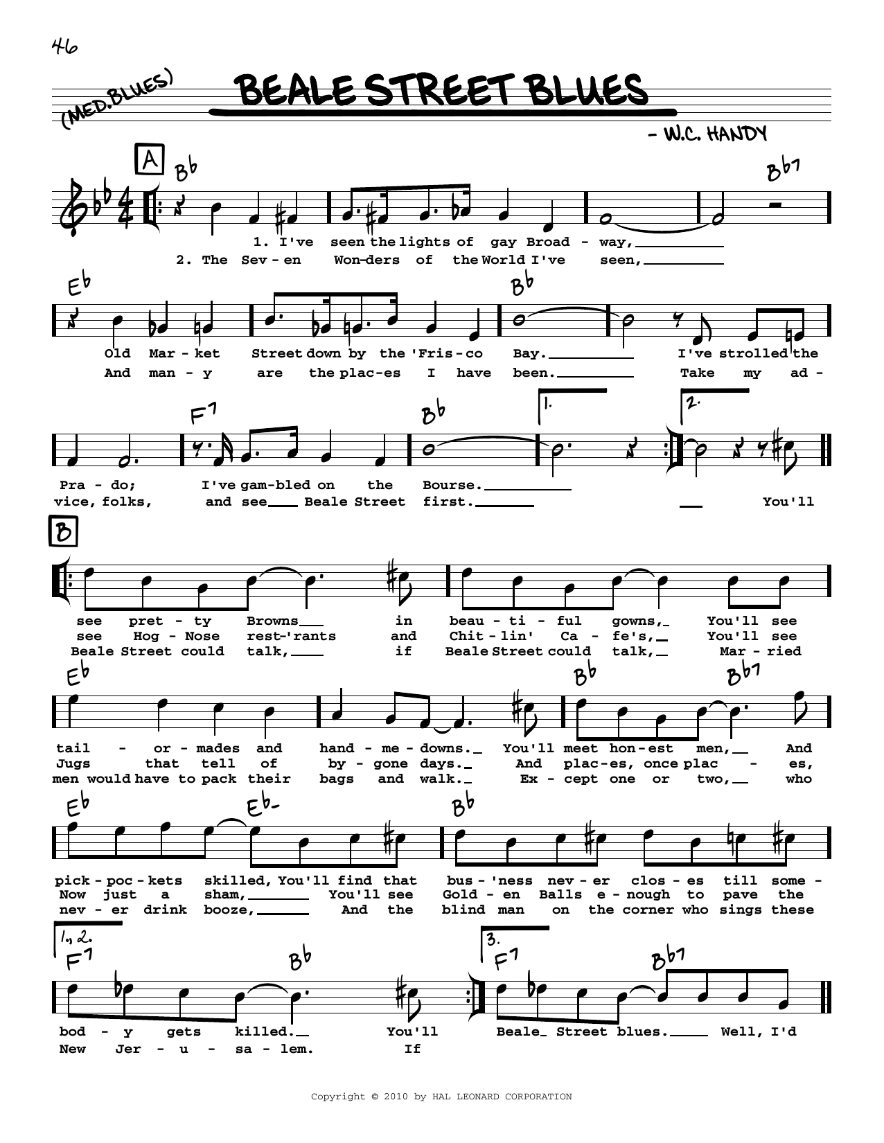 Download W.C. Handy Beale Street Blues (arr. Robert Rawlins) Sheet Music and learn how to play Real Book – Melody, Lyrics & Chords PDF digital score in minutes