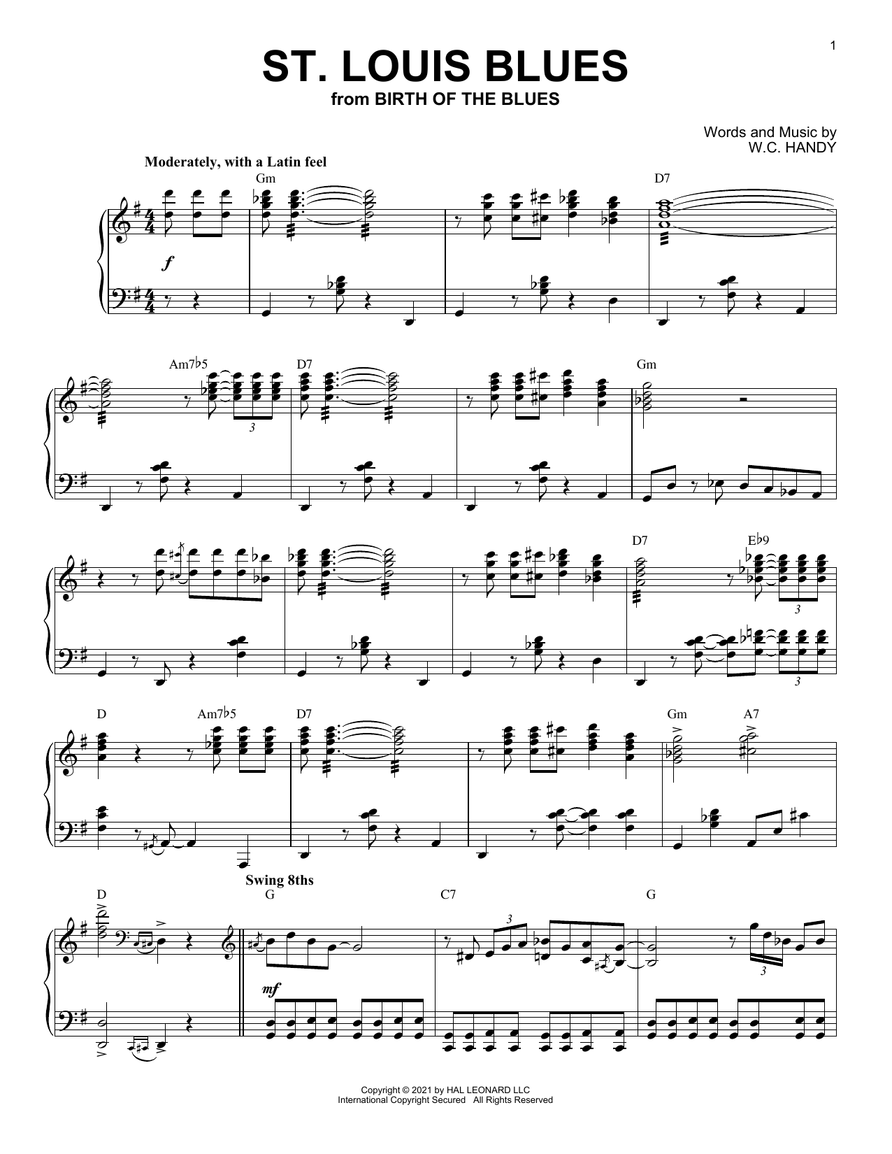 Download W.C. Handy St. Louis Blues (arr. Brent Edstrom) Sheet Music and learn how to play Piano Solo PDF digital score in minutes