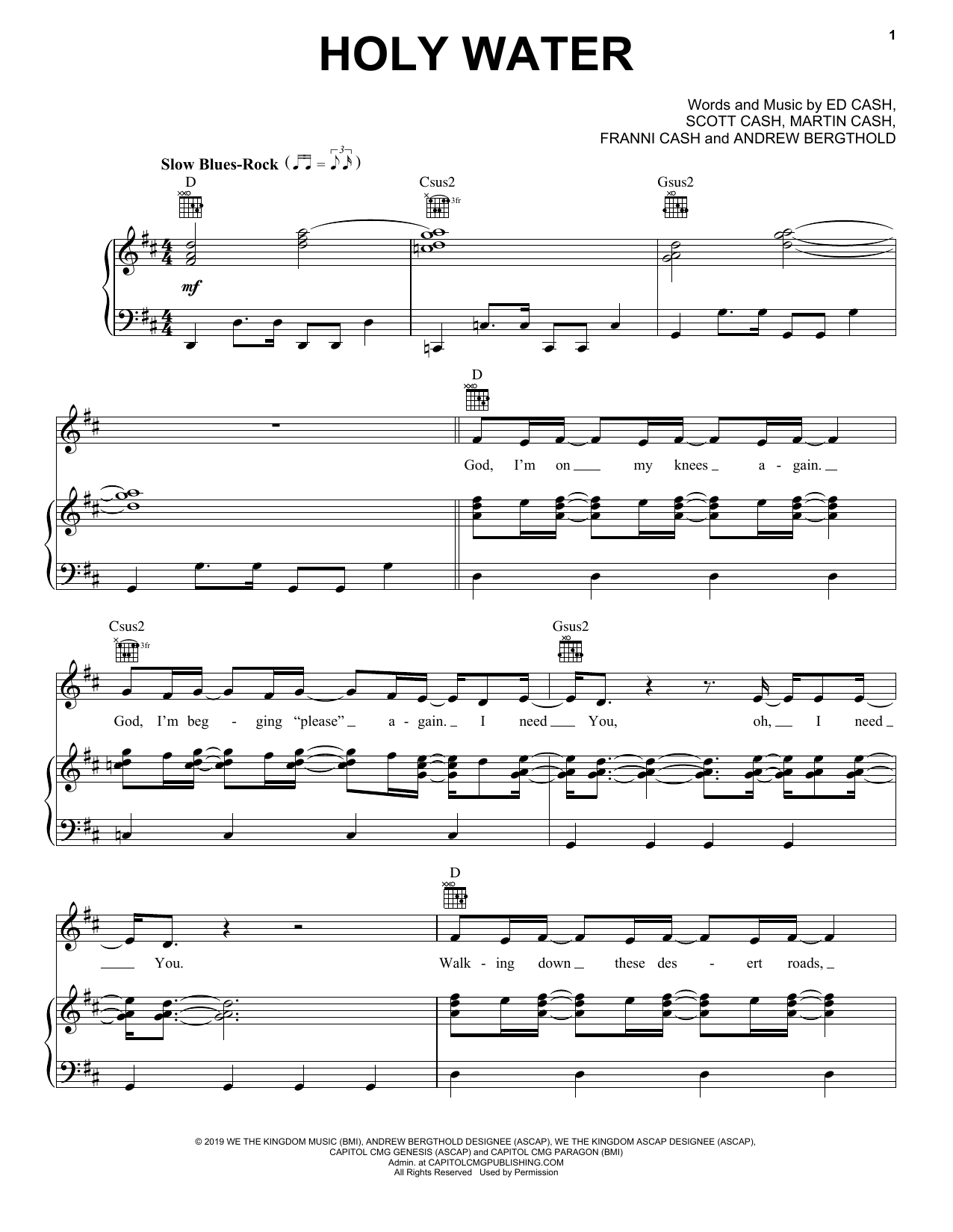 Download We The Kingdom Holy Water Sheet Music and learn how to play Piano, Vocal & Guitar Chords (Right-Hand Melody) PDF digital score in minutes