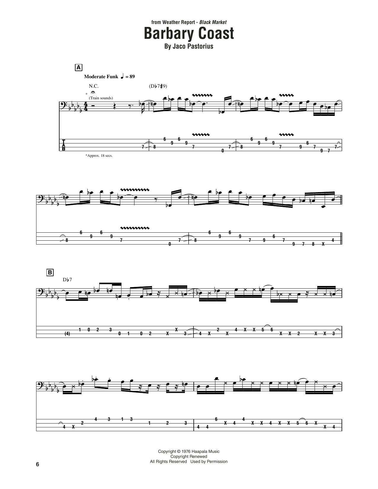 Download Weather Report Barbary Coast Sheet Music and learn how to play Bass Guitar Tab PDF digital score in minutes