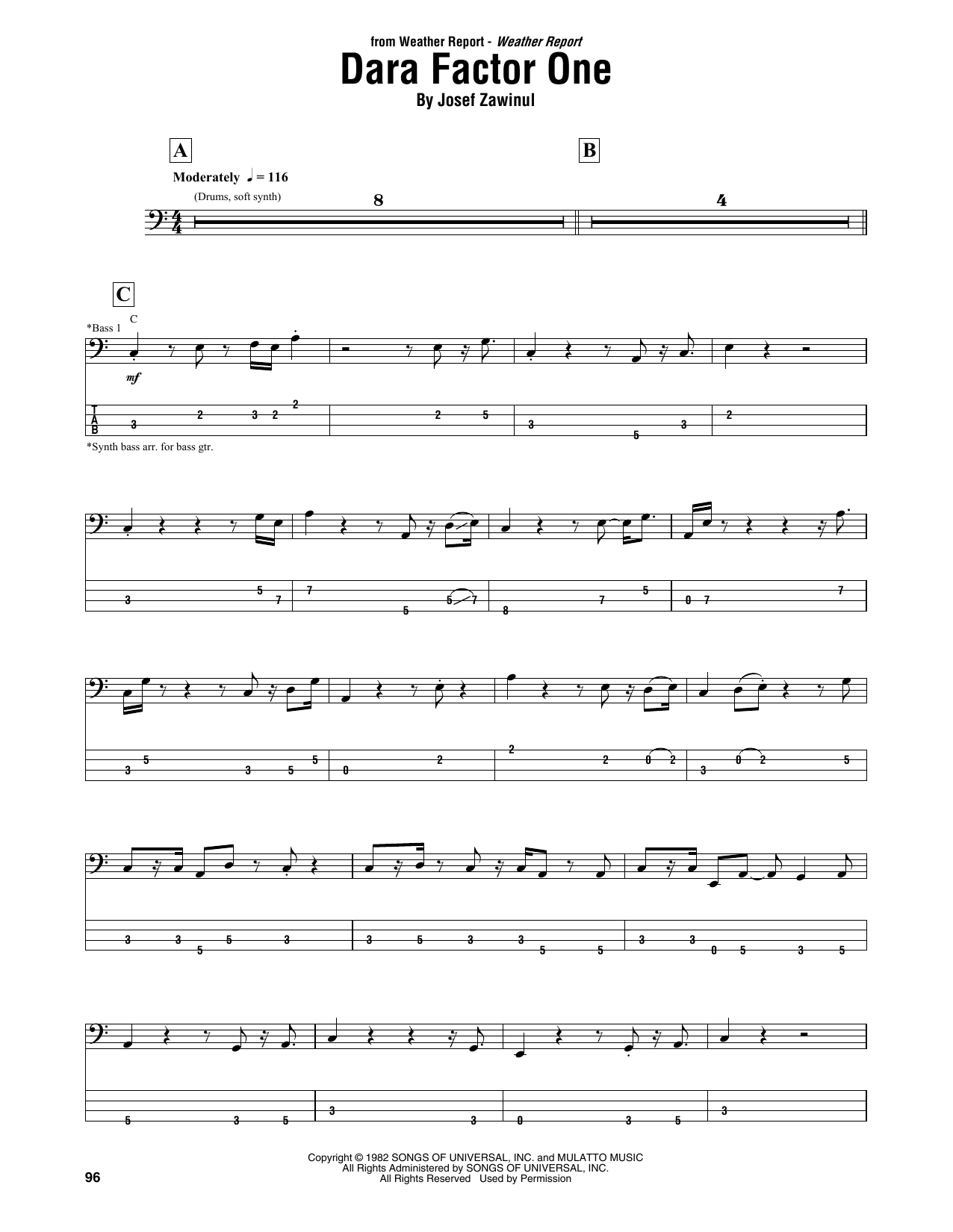 Download Weather Report Dara Factor One Sheet Music and learn how to play Bass Guitar Tab PDF digital score in minutes