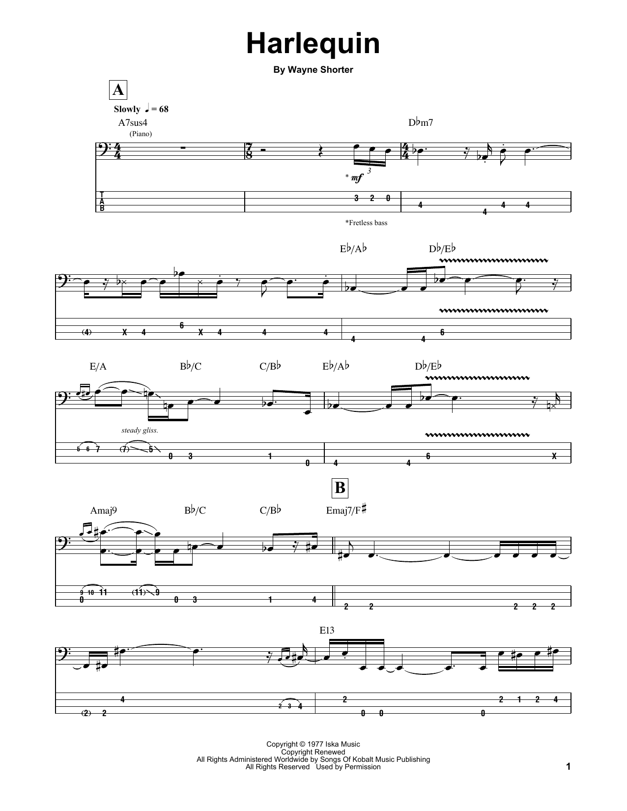 Download Wayne Shorter Harlequin Sheet Music and learn how to play Bass Guitar Tab PDF digital score in minutes