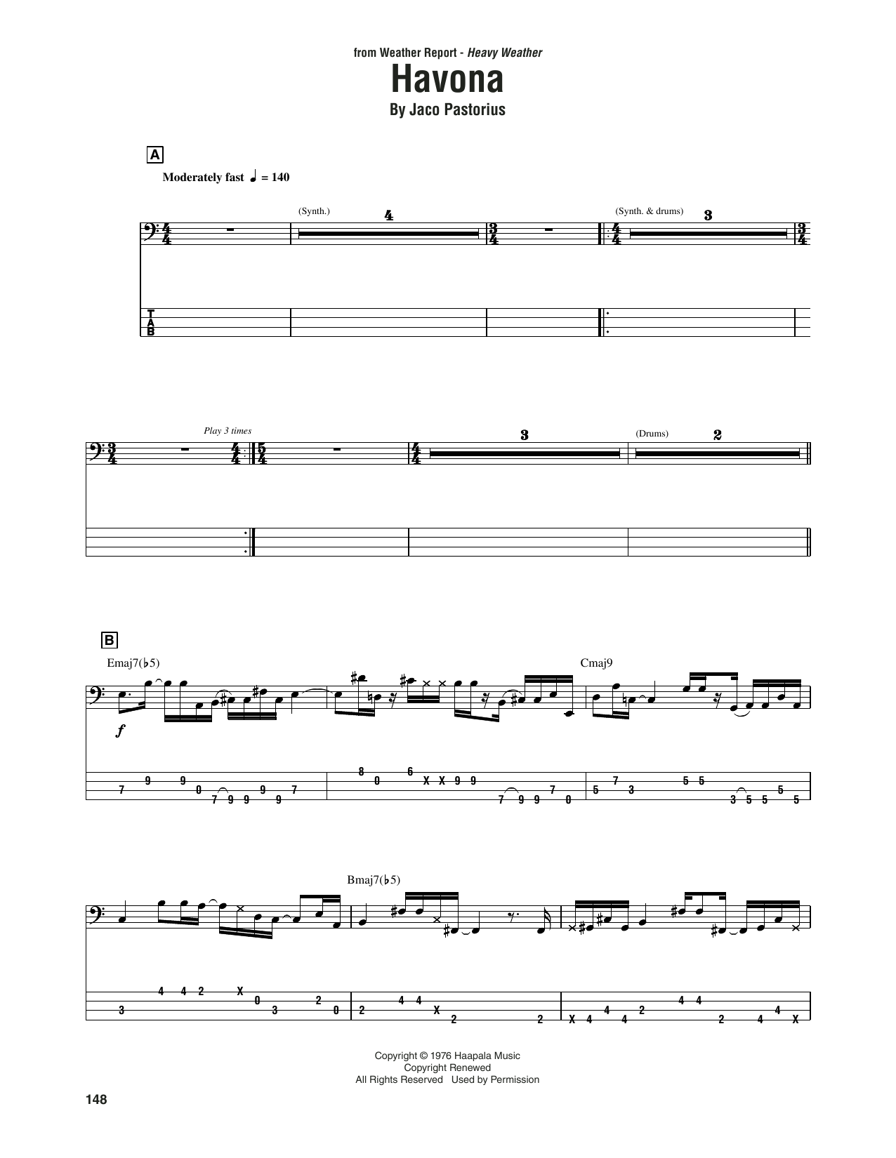 Download Weather Report Havona Sheet Music and learn how to play Bass Guitar Tab PDF digital score in minutes