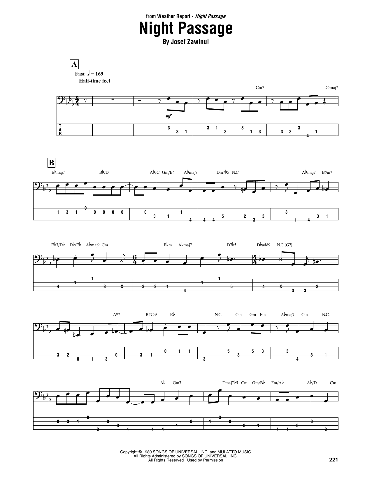 Download Weather Report Night Passage Sheet Music and learn how to play Bass Guitar Tab PDF digital score in minutes