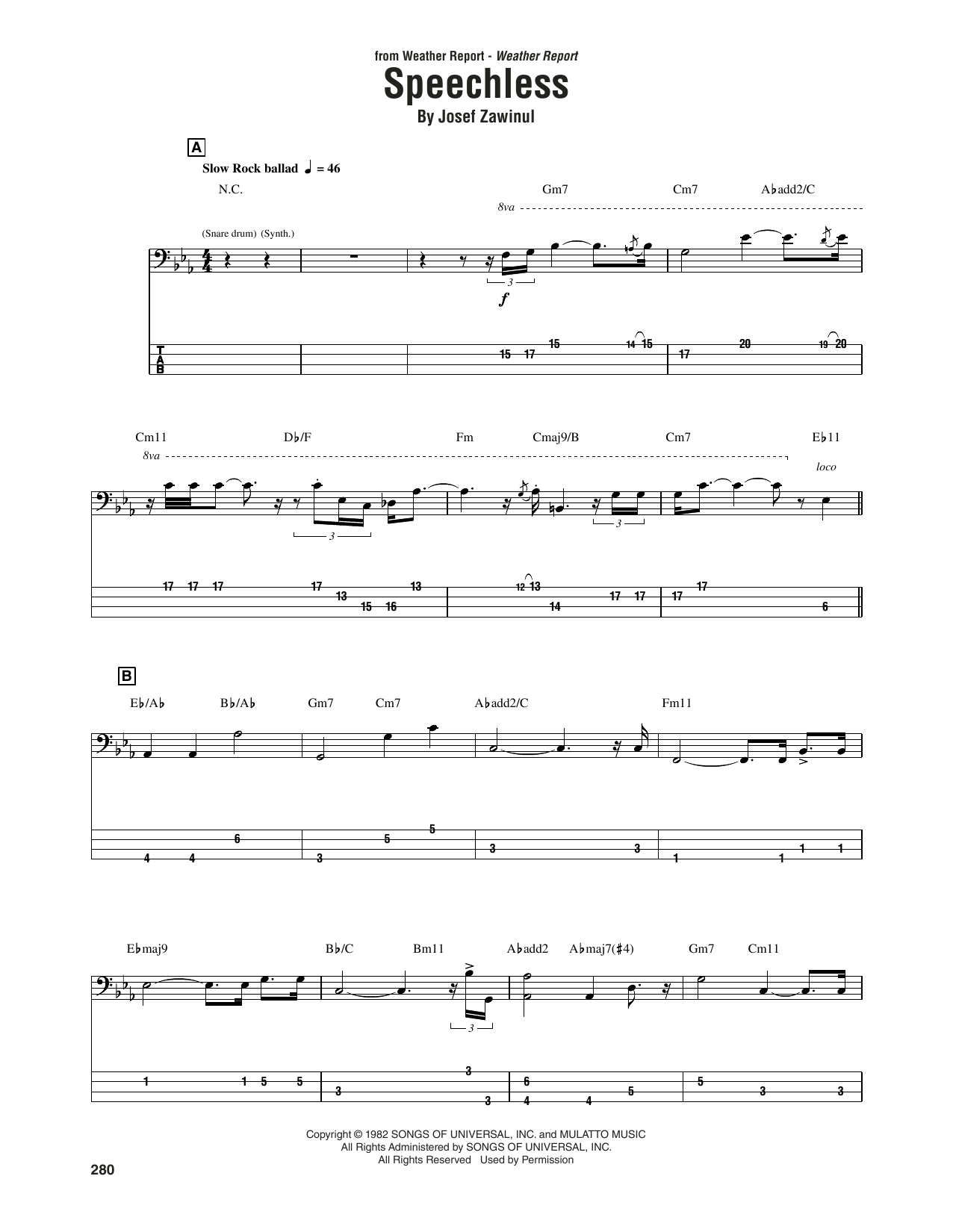 Download Weather Report Speechless Sheet Music and learn how to play Bass Guitar Tab PDF digital score in minutes