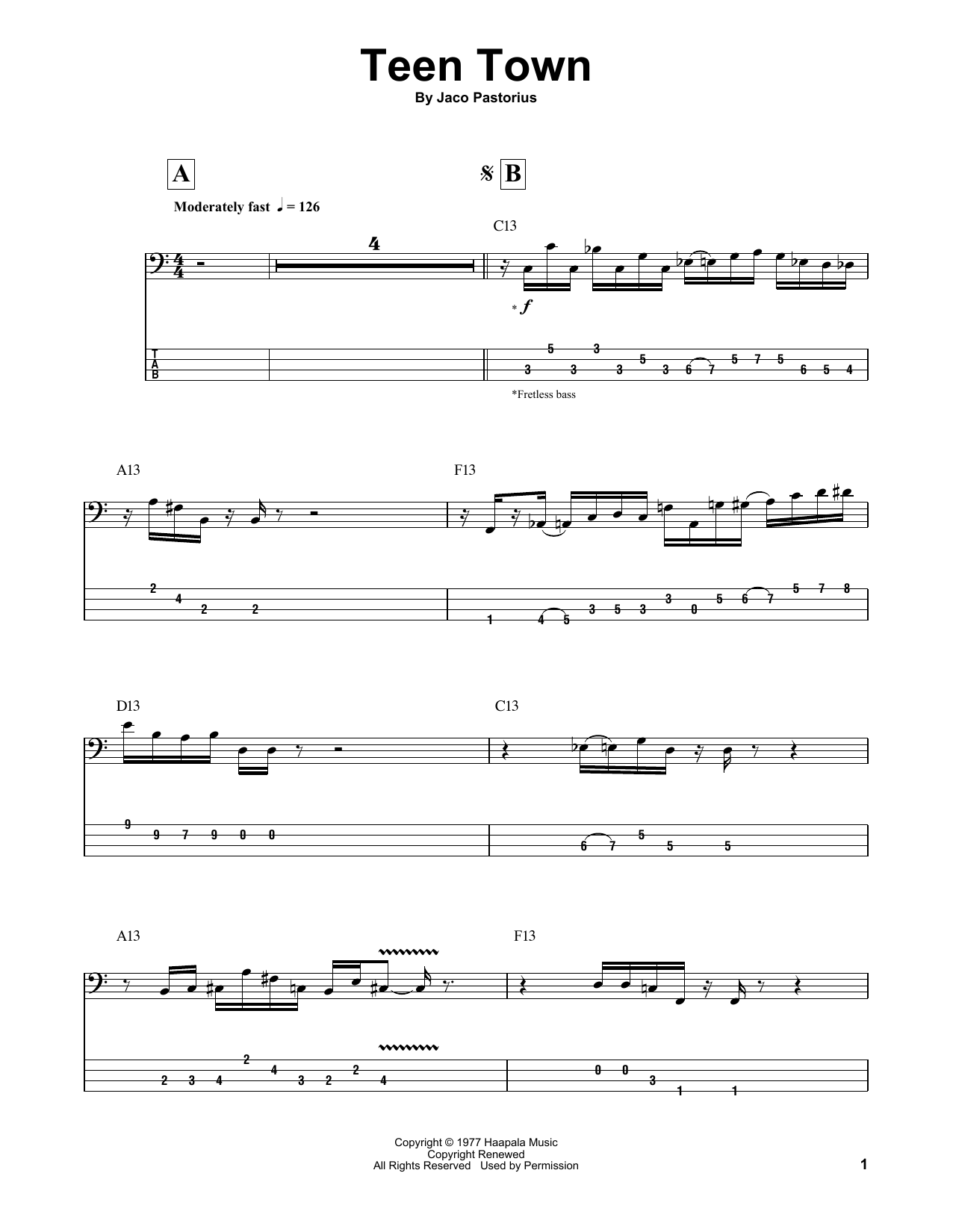 Download Jaco Pastorius Teen Town Sheet Music and learn how to play Bass Guitar Tab PDF digital score in minutes