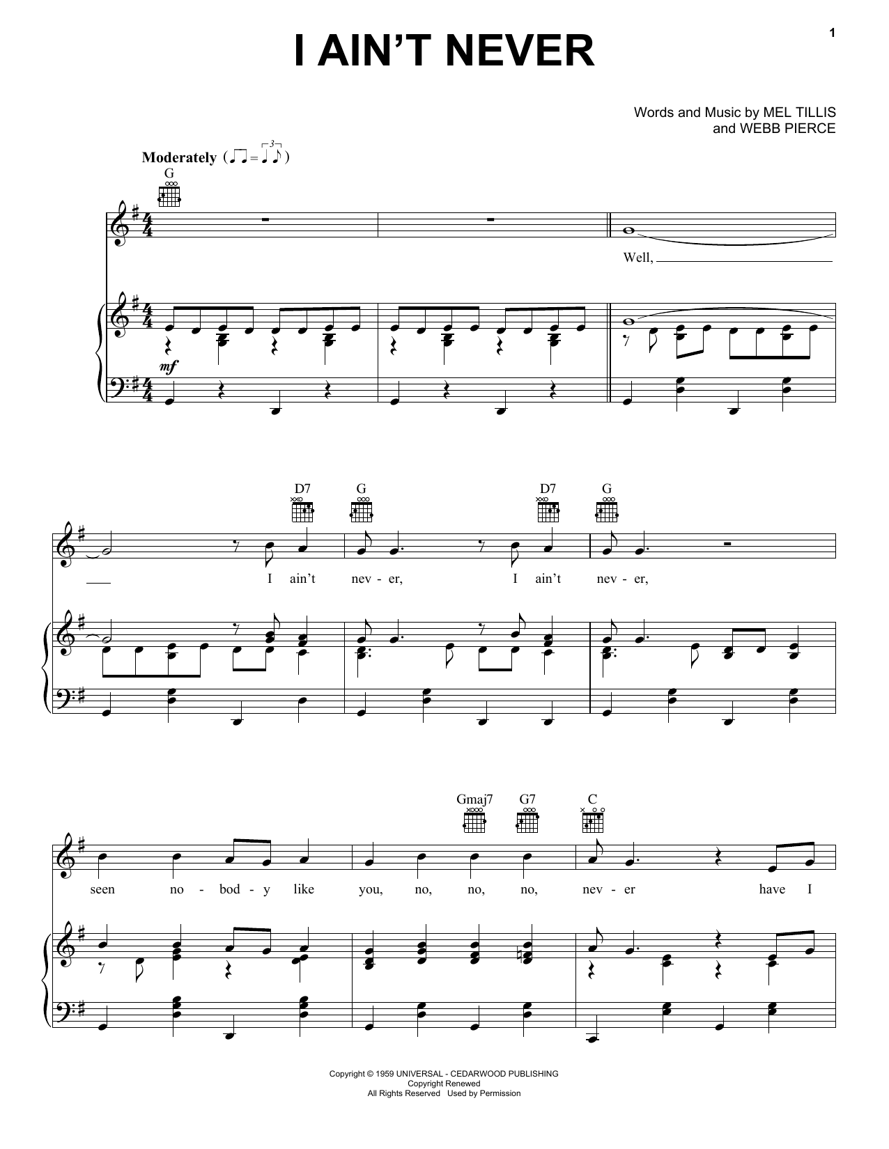 Download Webb Pierce I Ain't Never Sheet Music and learn how to play Piano, Vocal & Guitar (Right-Hand Melody) PDF digital score in minutes