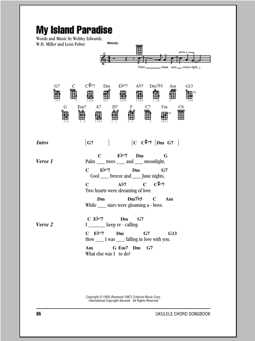 Download Webley Edwards My Island Paradise Sheet Music and learn how to play Ukulele with strumming patterns PDF digital score in minutes