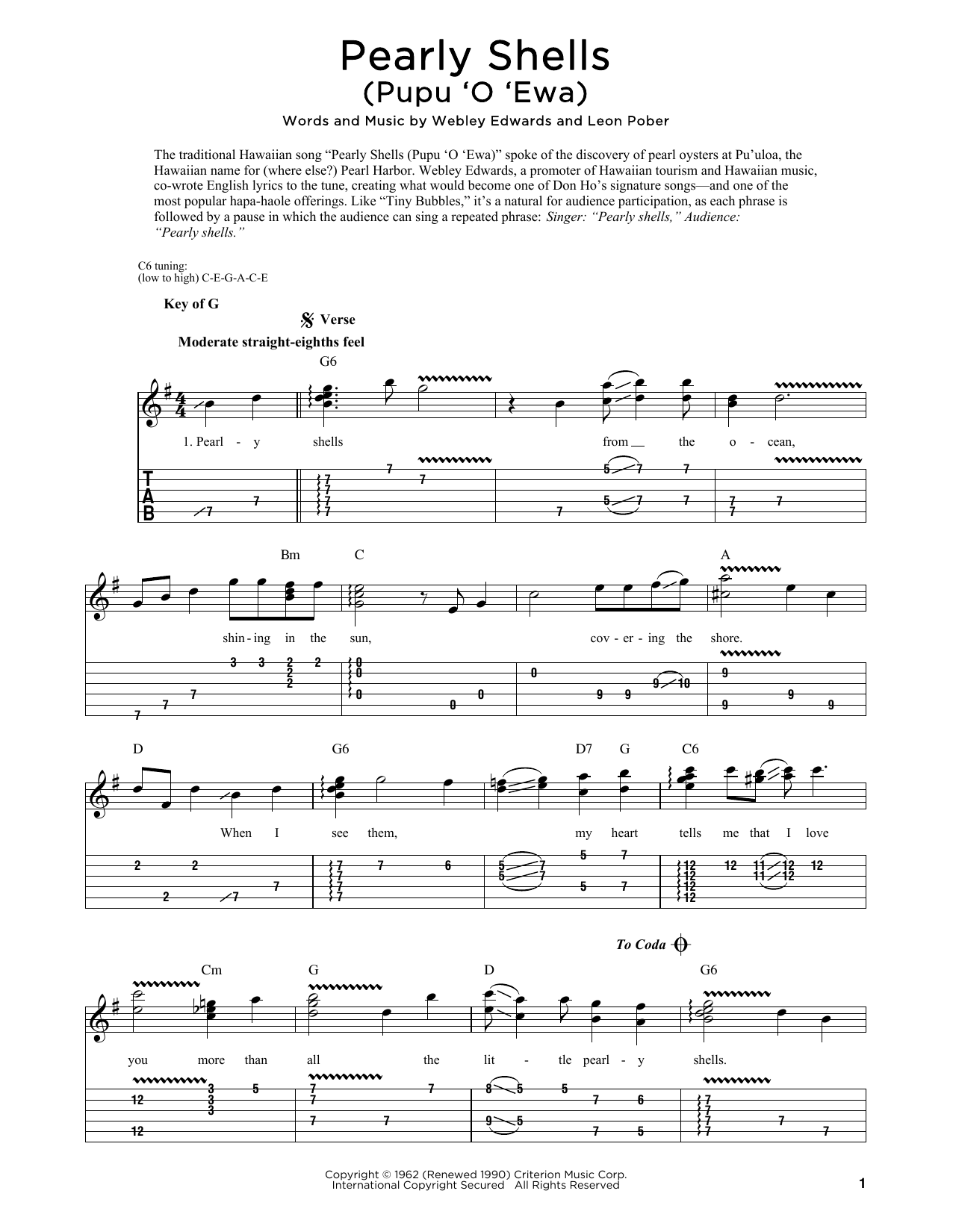Download Webley Edwards Pearly Shells (Pupu O Ewa) (arr. Fred Sokolow) Sheet Music and learn how to play Dobro PDF digital score in minutes
