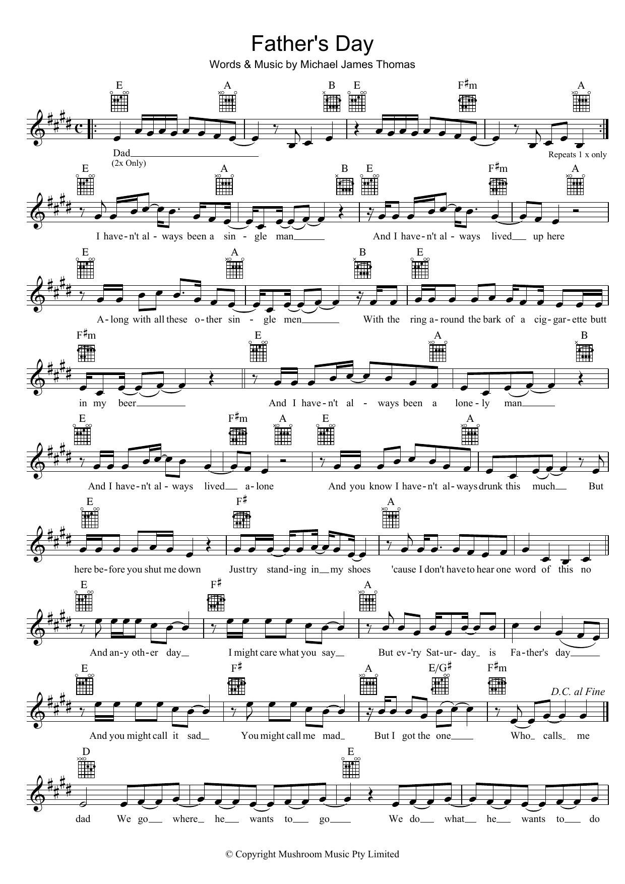 Download Weddings Parties Anything Father's Day Sheet Music and learn how to play Piano, Vocal & Guitar (Right-Hand Melody) PDF digital score in minutes