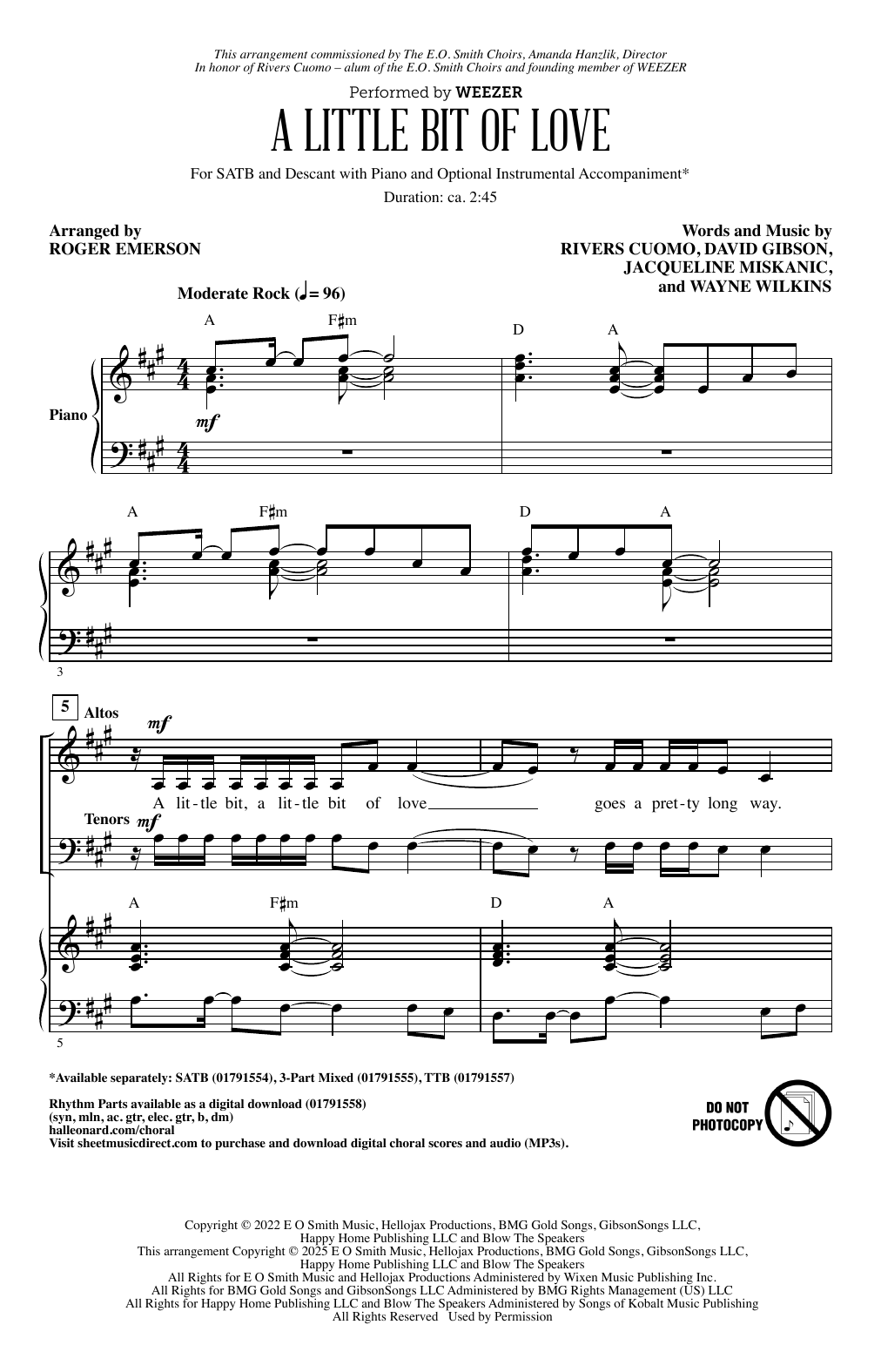 Download Weezer A Little Bit Of Love (arr. Roger Emerson) Sheet Music and learn how to play TTB Choir PDF digital score in minutes