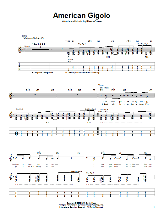 Download Weezer American Gigolo Sheet Music and learn how to play Guitar Tab PDF digital score in minutes