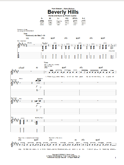 Download Weezer Beverly Hills Sheet Music and learn how to play Bass Guitar Tab PDF digital score in minutes