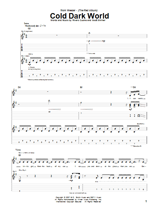 Download Weezer Cold Dark World Sheet Music and learn how to play Guitar Tab PDF digital score in minutes