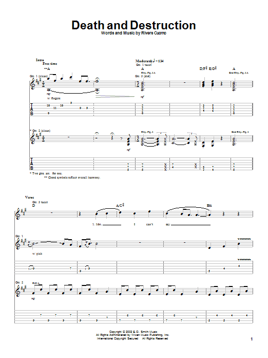Download Weezer Death And Destruction Sheet Music and learn how to play Guitar Tab PDF digital score in minutes
