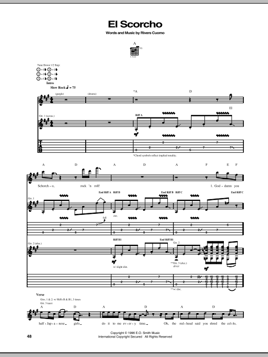 Download Weezer El Scorcho Sheet Music and learn how to play Guitar Tab PDF digital score in minutes