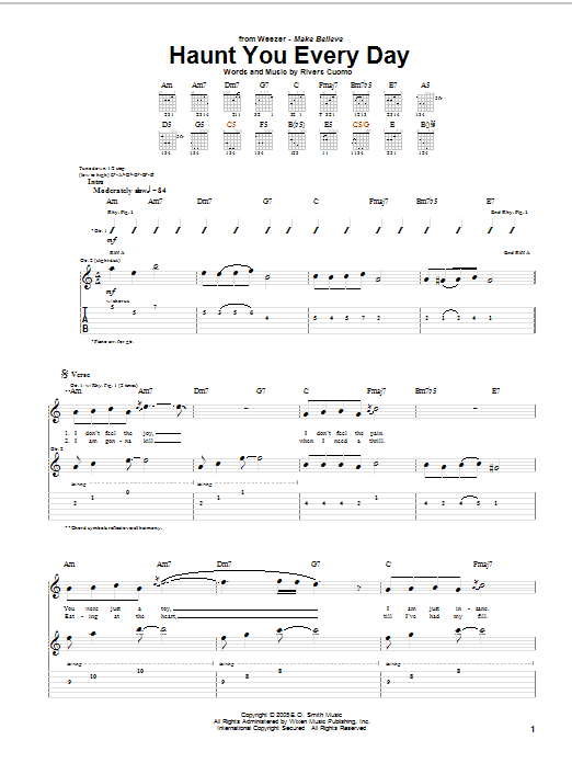 Download Weezer Haunt You Every Day Sheet Music and learn how to play Guitar Tab PDF digital score in minutes