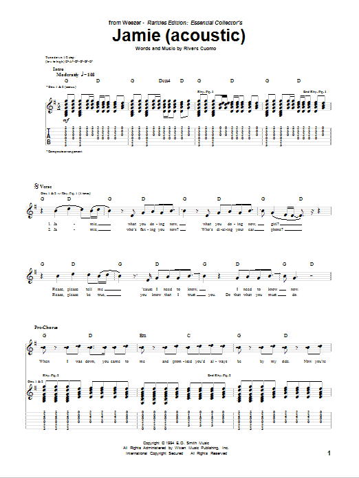 Download Weezer Jamie (Acoustic Version) Sheet Music and learn how to play Guitar Tab PDF digital score in minutes