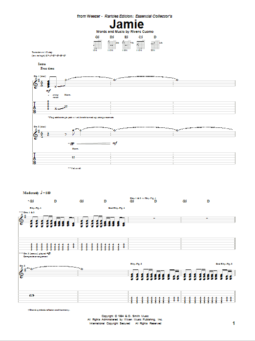 Download Weezer Jamie Sheet Music and learn how to play Guitar Tab PDF digital score in minutes