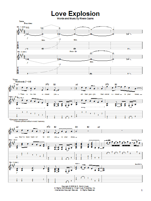 Download Weezer Love Explosion Sheet Music and learn how to play Guitar Tab PDF digital score in minutes