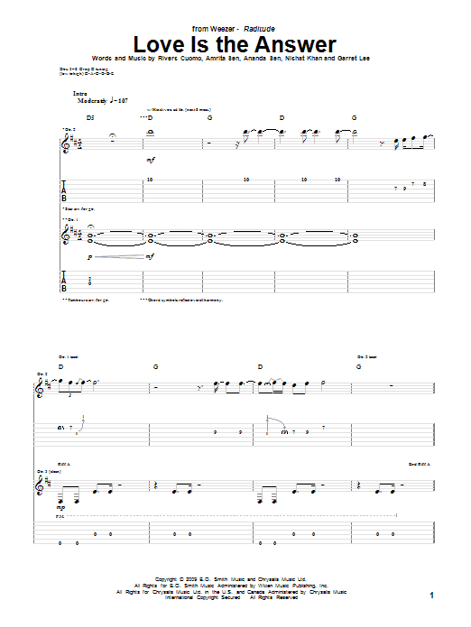 Download Weezer Love Is The Answer Sheet Music and learn how to play Guitar Tab PDF digital score in minutes