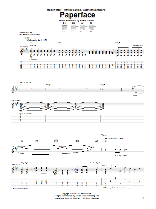 Download Weezer Paperface Sheet Music and learn how to play Guitar Tab PDF digital score in minutes