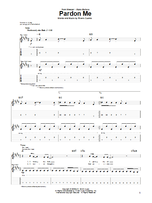 Download Weezer Pardon Me Sheet Music and learn how to play Guitar Tab PDF digital score in minutes