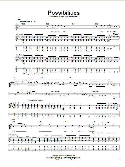 Download Weezer Possibilities Sheet Music and learn how to play Guitar Tab PDF digital score in minutes
