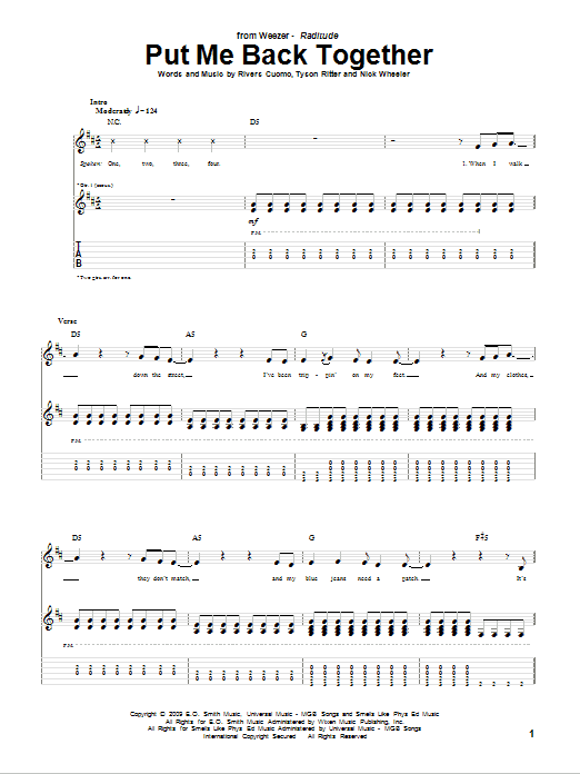 Download Weezer Put Me Back Together Sheet Music and learn how to play Guitar Tab PDF digital score in minutes